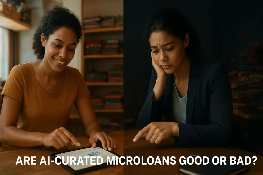 Split-image showing both positive and negative outcomes of AI-curated microloans, highlighting the debate on whether AI-curated microloans are good or bad.