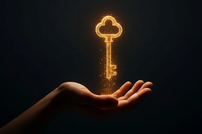 A futuristic 3D render of a human hand releasing glowing golden data particles forming a key, symbolizing access and innovation in AI-curated microloans.