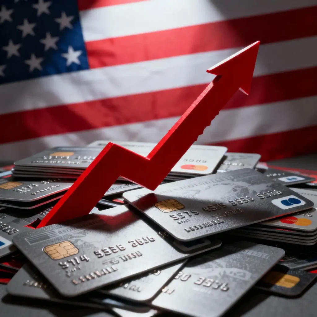 Rising U.S. credit card debt graph with American flag showing the exploding credit card debt crisis trend.