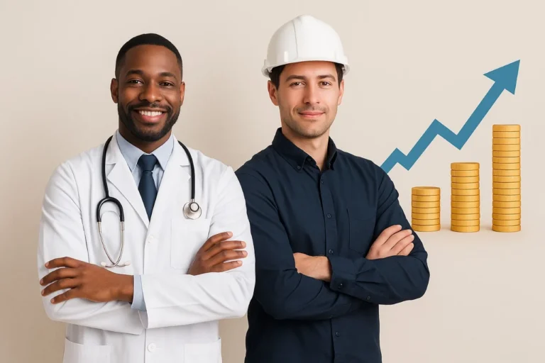 Two confident professionals — a doctor and an engineer — standing together symbolizing intelligence, career success, and the concept of average IQ by profession.