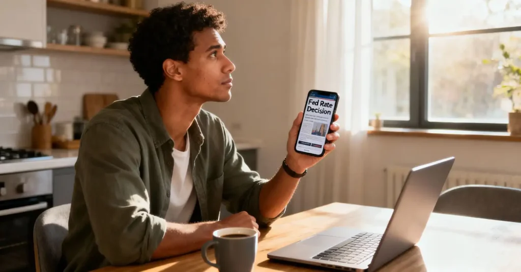 Thoughtful diverse adult at home reviewing Fed rate decision news on a smartphone, symbolizing awareness of Fed rate cut effects on savings and loans in 2025.