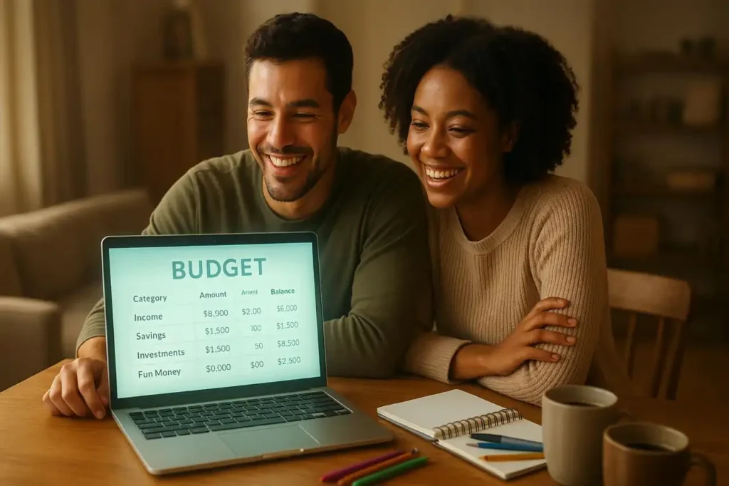 Young couple using a free budgeting template on laptop to plan savings, investments, and expenses in a modern home setting