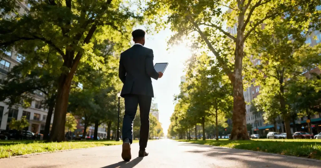 Confident professionally dressed person walking towards a bright horizon in an urban park, symbolizing optimistic financial control following Fed rate cut effects on savings and investments 2025.
