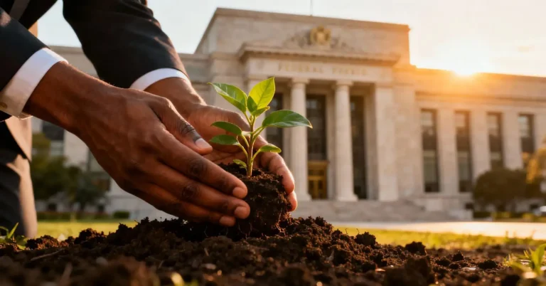 Diverse hands planting a small house plant in rich soil with a blurred Federal Reserve building in the background, symbolizing Fed rate cut effects on savings and personal financial growth in 2025.