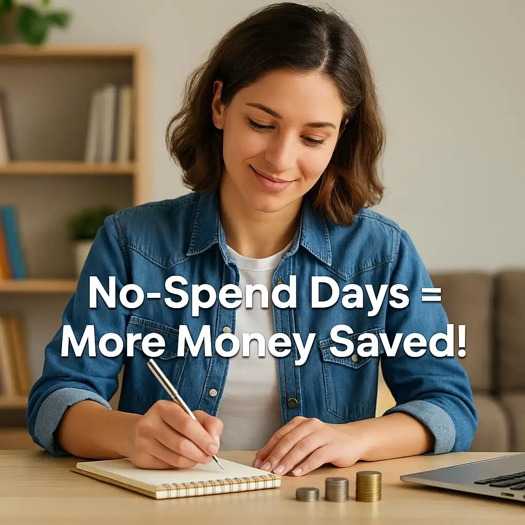 Enthusiastic person at a sunlit desk smiling confidently at a notebook titled “No Spend Days” near a laptop and coffee, symbolizing readiness for the Financial Planning Month Challenge.