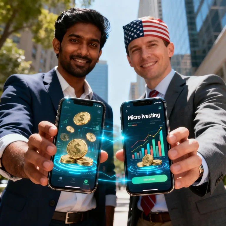 Realistic investors from India and the US using smartphones and micro-investing apps, surrounded by digital money graphs and coins symbolizing global small investing growth 2025.