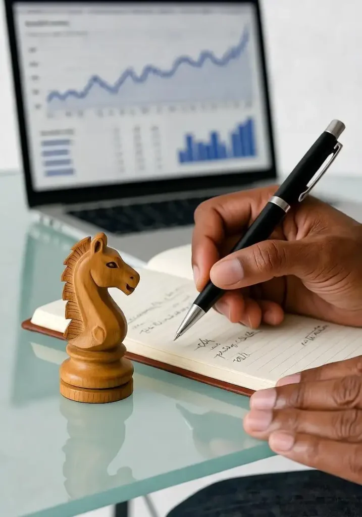 Photorealistic high-angle shot of diverse hands writing in a leather-bound financial journal on a modern glass desk, one hand with a pen and the other near a wooden chess piece, symbolizing IQ and wealth, with a soft-focus laptop showing an analytics dashboard in the background, well-lit for clarity and strategy.