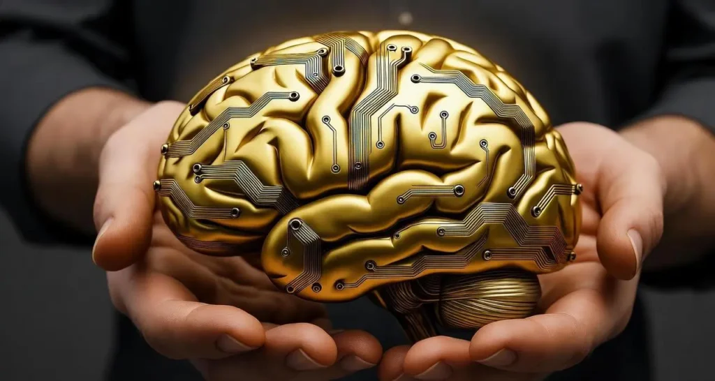 Hyper-realistic macro photograph of a golden brain model made from circuit boards and wires, held in open palms, symbolizing IQ and wealth, with dramatic top lighting against a dark textured background, evoking value, innovation, and the power of intelligent thought.