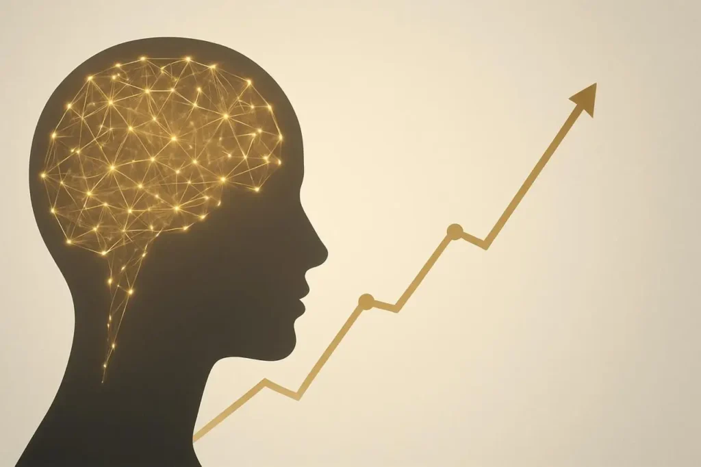 A human profile silhouette filled with a glowing neural network transforming into a rising financial graph, symbolizing the connection between IQ and wealth growth.