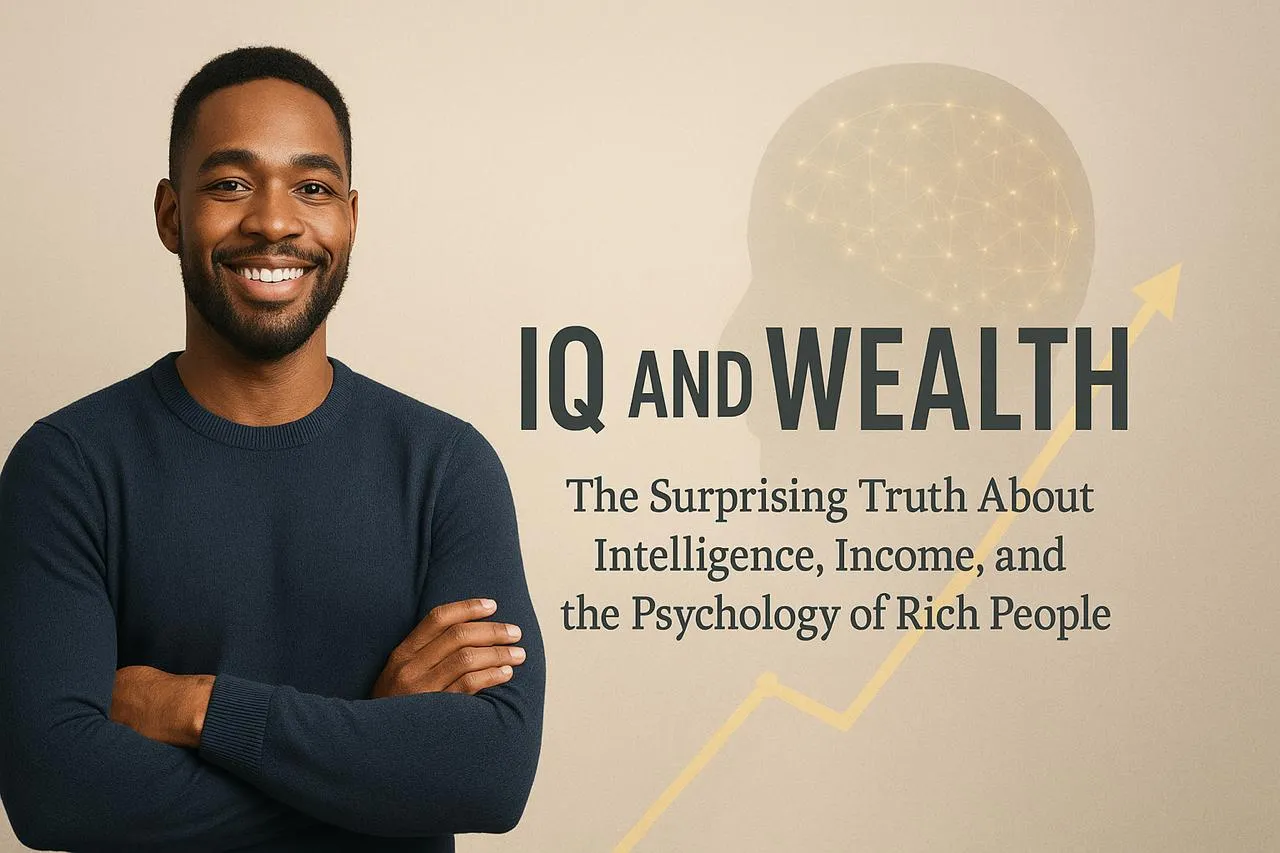 A confident young professional smiling beside the words “IQ and Wealth,” with a glowing neural brain graphic and upward financial arrow, representing intelligence and financial success.