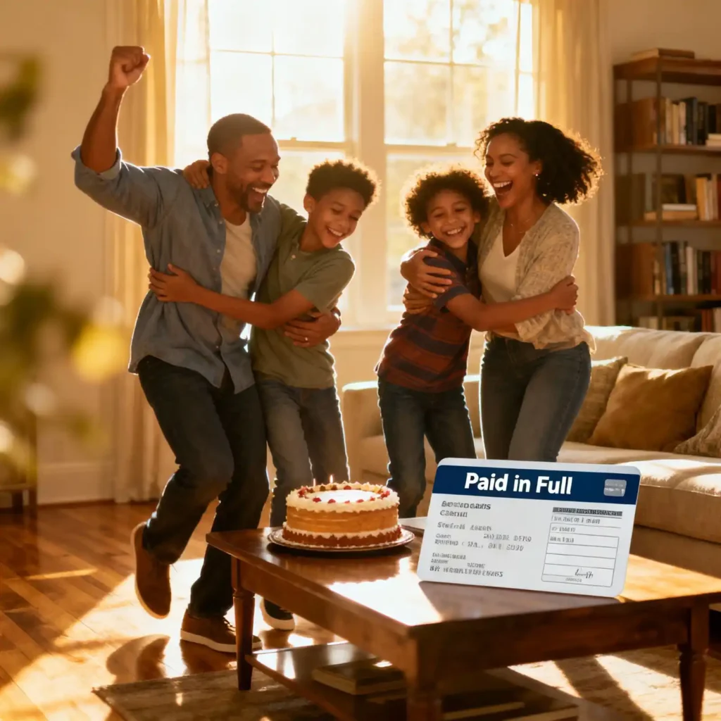 Happy American family debt‑free after overcoming the exploding credit card debt crisis.
