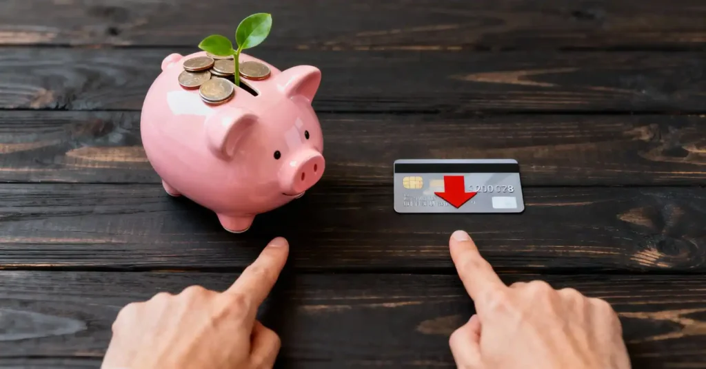 Flat-lay of a piggy bank with sprouting plant next to a credit card with downward arrow, symbolizing savings growth and falling debt costs after Fed rate cut in 2025.