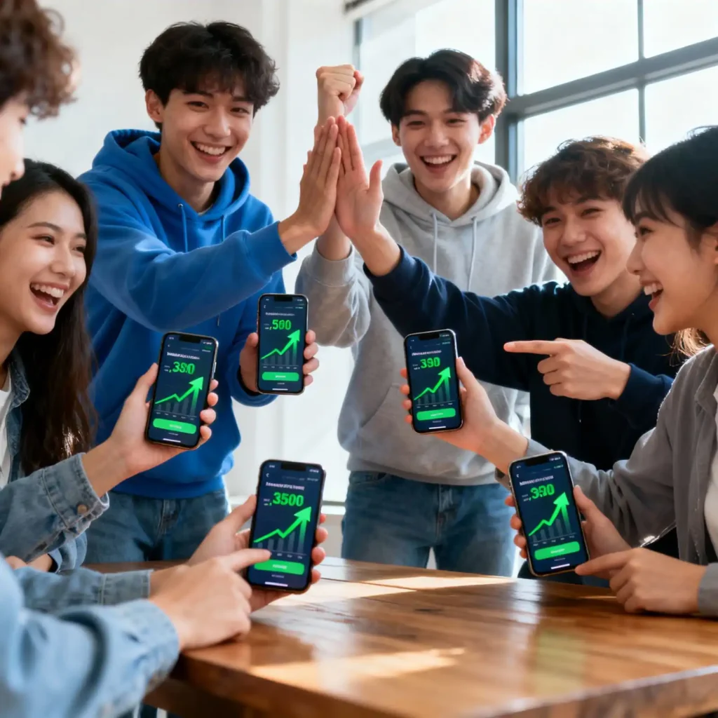 Group of millennials and Gen Z investors celebrating portfolio growth using popular micro-investing apps on smartphones in 2025.