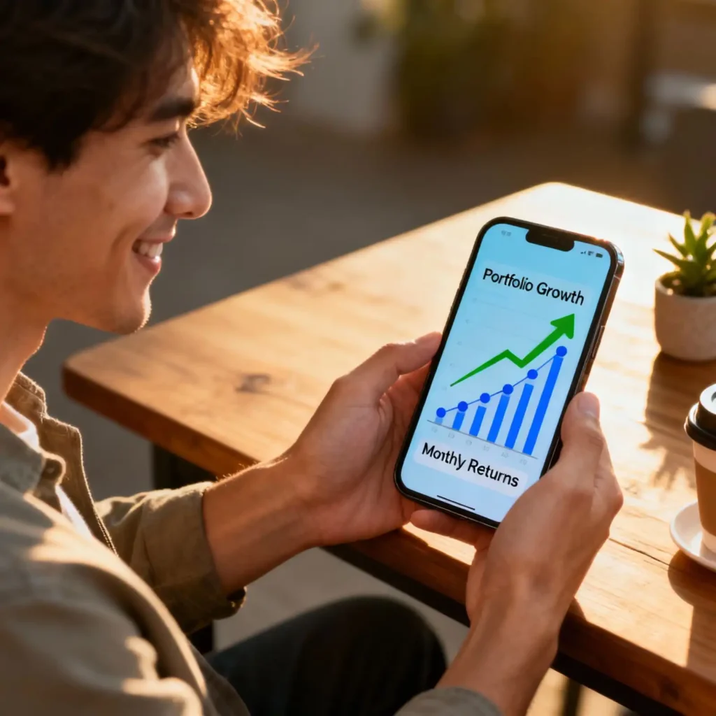 Motivated investor smiling while reviewing upward-trending micro-investing app graphs showing growing returns in 2025.