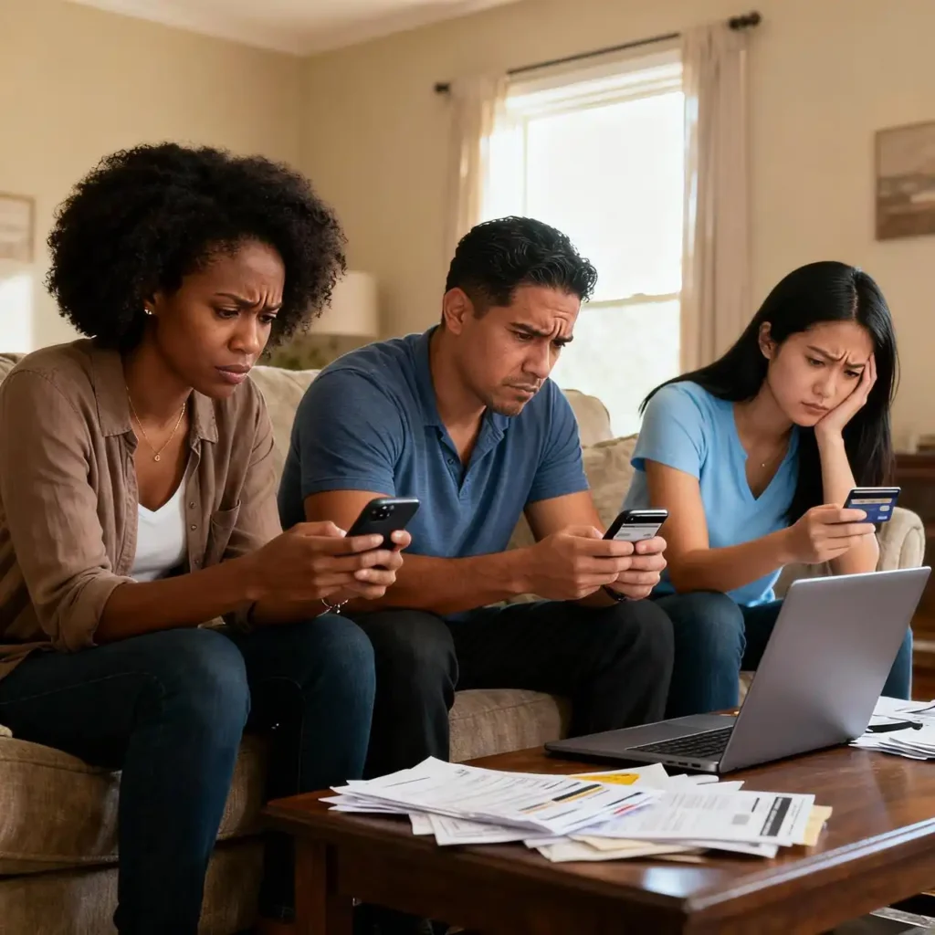 Diverse Americans checking credit card statements online during the exploding credit card debt crisis.