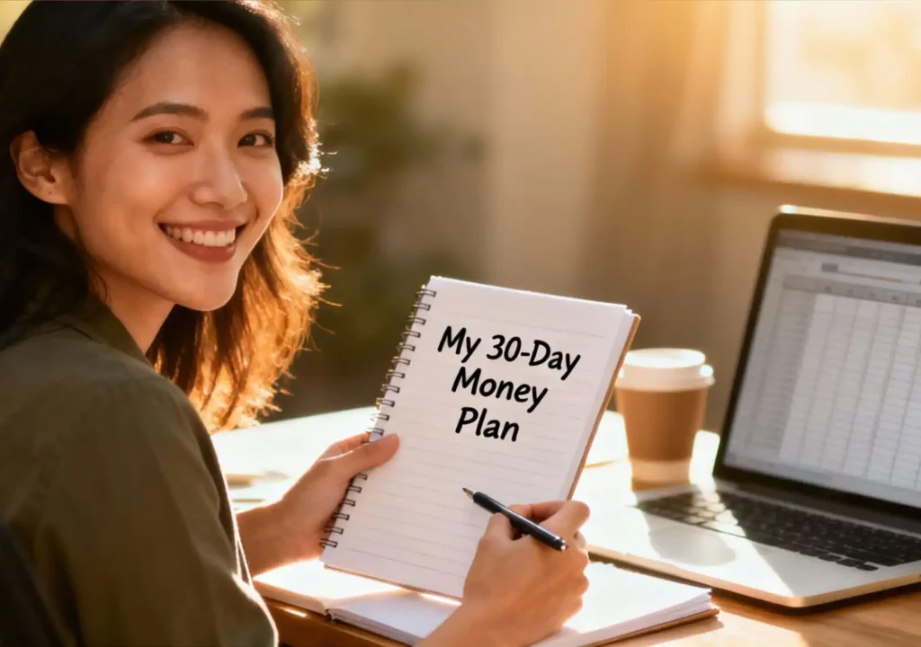 Enthusiastic person at a sunlit desk smiling confidently at a notebook titled “My 30-Day Money Plan,” near a laptop and coffee, symbolizing readiness for the Financial Planning Month Challenge.