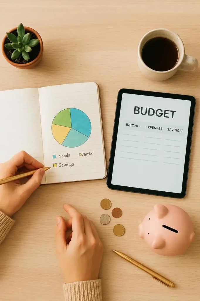 Flat lay of notebook with pie chart, tablet showing free budgeting template, coffee, coins, and piggy bank on wooden desk
