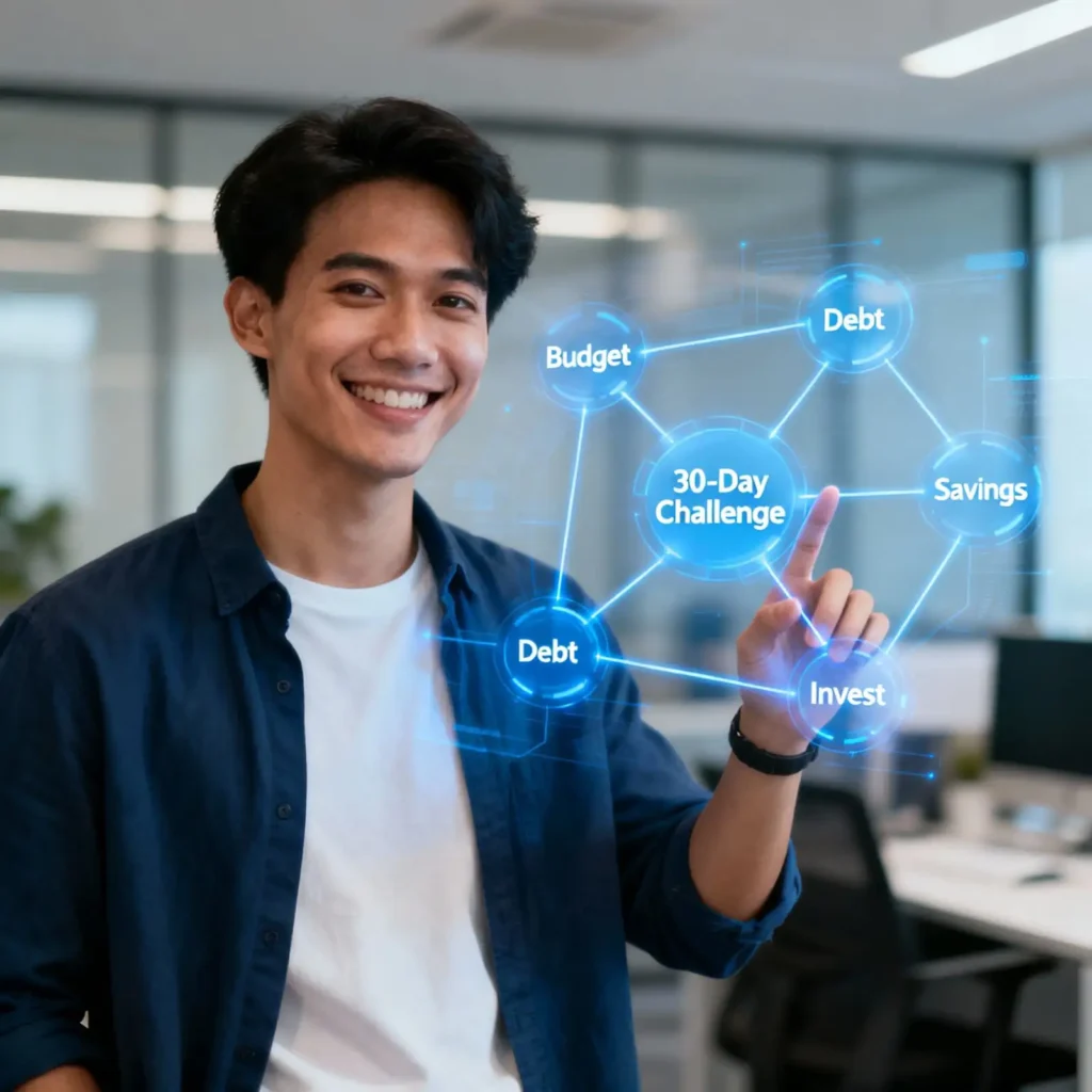 Confident diverse person in modern office, smiling and interacting with a translucent blue holographic financial mind map displaying “30-Day Challenge” and nodes for Budget, Debt, Savings, Invest—highlighting Savings node; representing financial planning month challenge.