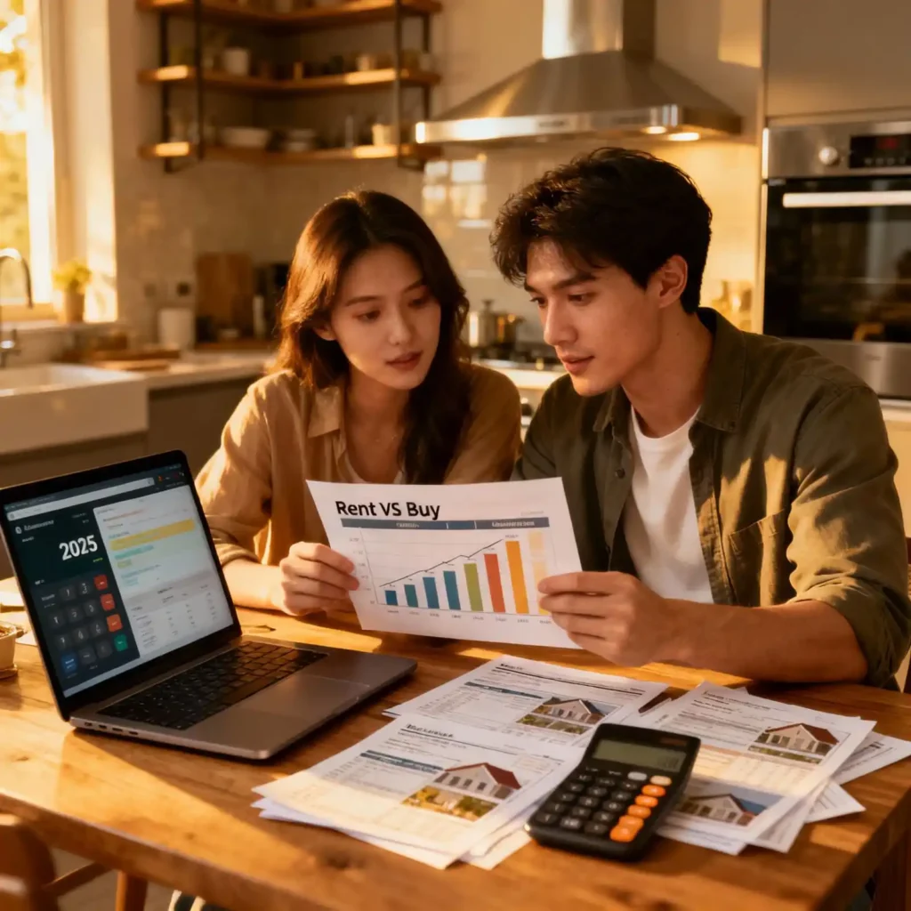 Young couple analyzing rent vs buy 2025 financial comparison at home using laptop and calculator with modern interior and papers showing housing affordability decisions.