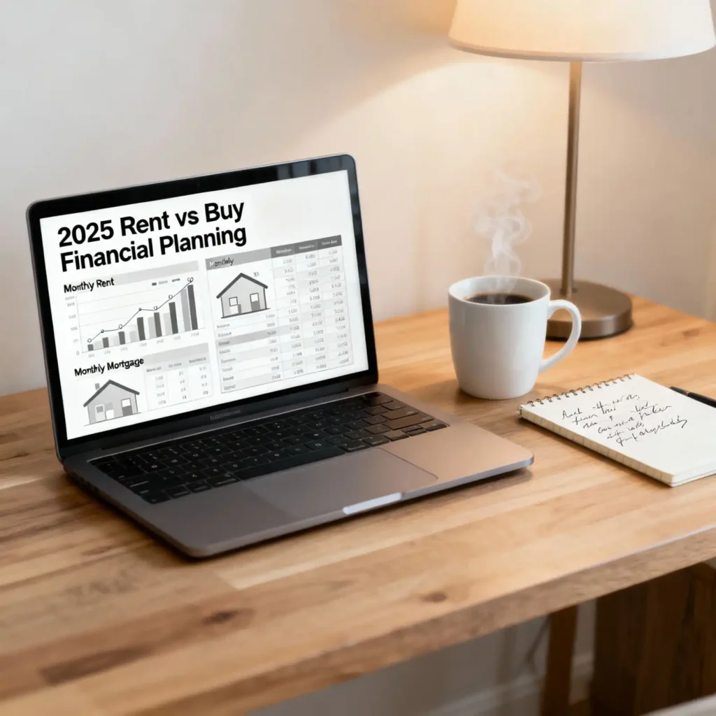 Minimalist home office desk with laptop, rent vs buy 2025 financial charts, notepad, coffee, and documents symbolizing calm organized budgeting.