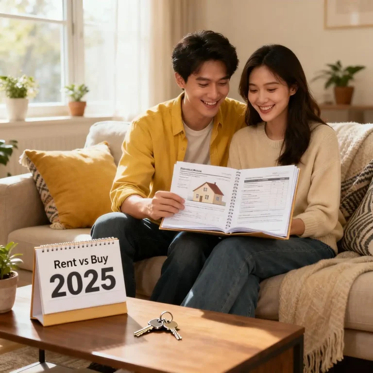Happy millennial couple celebrating successful rent vs buy 2025 housing decision at home after achieving financial goals in a cozy modern living room.