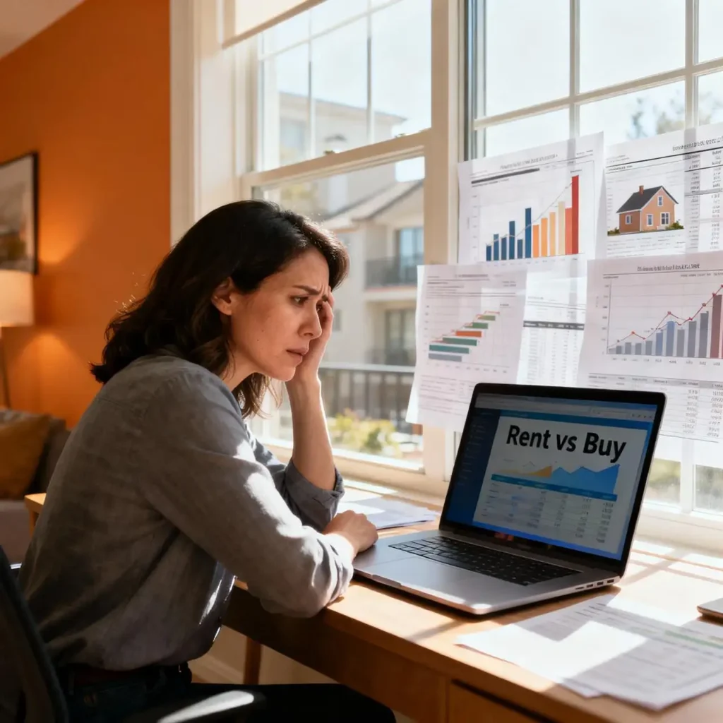 Millennial woman comparing rent vs buy options on a laptop in 2025 housing market with home price charts and natural light background.