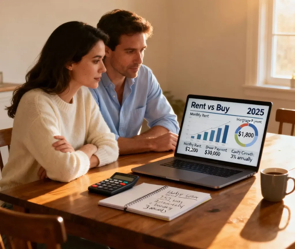 Modern couple discussing rent vs buy 2025 housing options at dining table using laptop and documents, illustrating smart financial planning and affordability discussions.