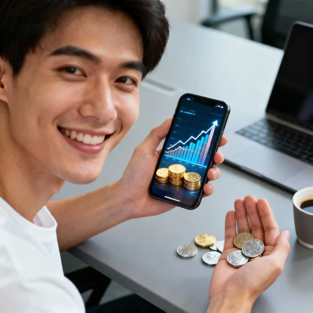 Smiling young adult investing small amounts using a smartphone with digital coins and graphs representing micro-investing apps 2025.