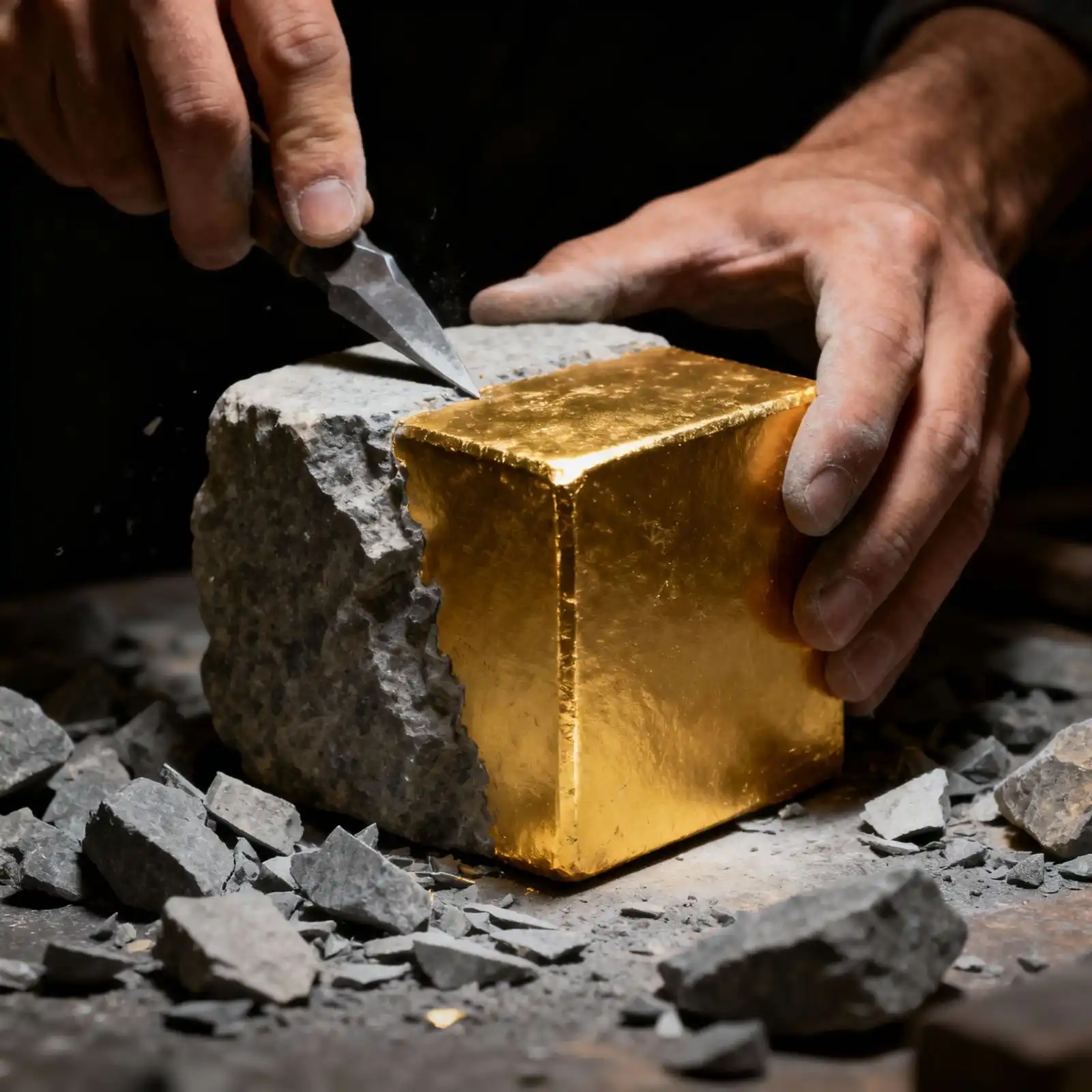 Macro, photorealistic hands sculpting a rough stone block into a bright golden cube, with stone shavings on a dark background—symbolizing financial transformation for the Financial Planning Month Challenge.