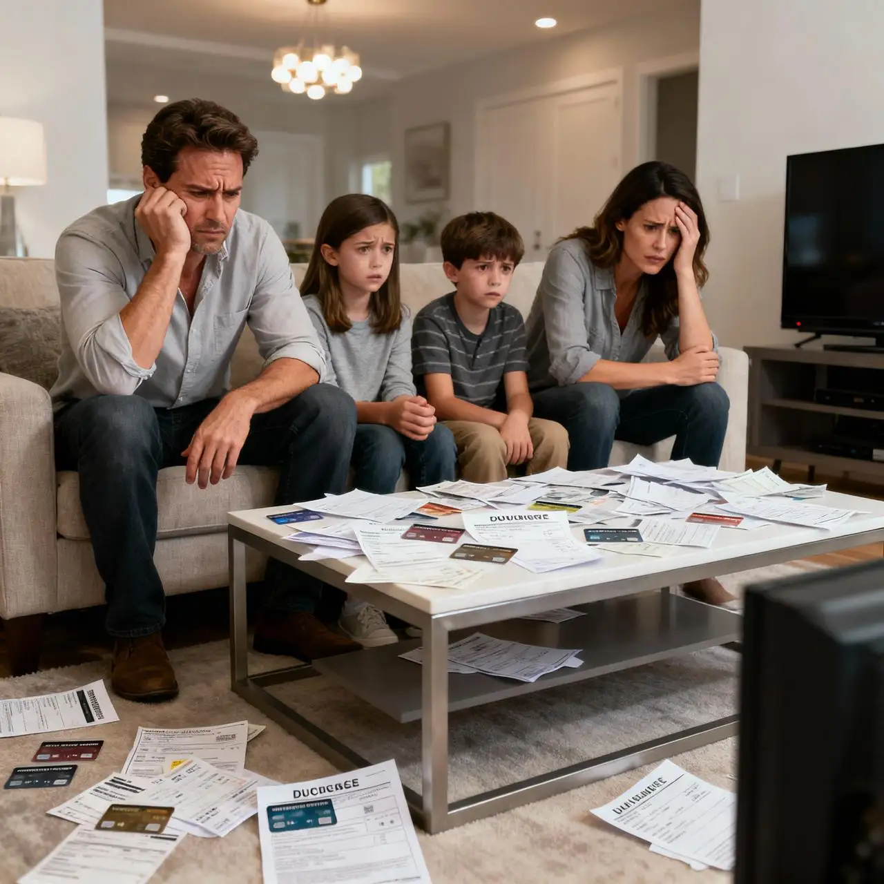 American family stressed by the exploding credit card debt crisis and overdue bills at home.