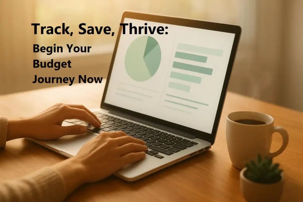 Hands on laptop using a free budgeting template with coffee and plant on desk, where "Track, Save, Thrive" written, symbolizing financial clarity and stress-free money management