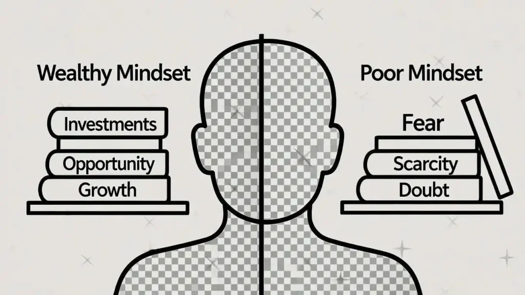 Metaphorical illustration of a transparent head silhouette with two bookshelves, one labeled ‘Wealthy Mindset’ with books ‘Investments,’ ‘Opportunity,’ and ‘Growth,’ and the other ‘Poor Mindset’ with ‘Fear,’ ‘Scarcity,’ and ‘Doubt,’ symbolizing IQ and wealth, clean and professional style.