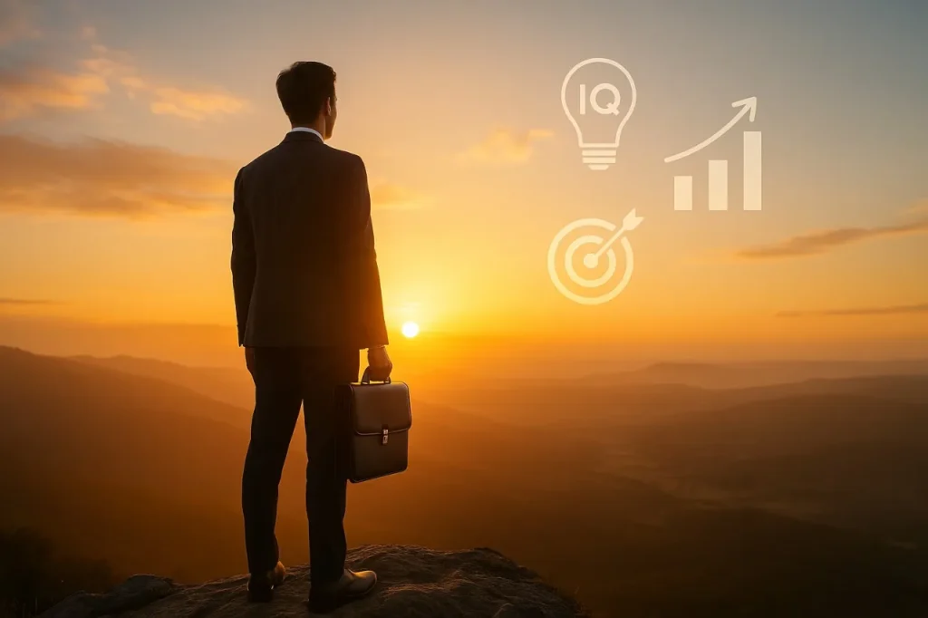 A young professional standing on a mountain peak at sunrise holding a briefcase, symbolizing success, growth, and the message behind the Average IQ by Profession.