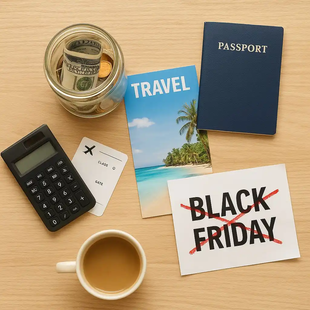 Flat lay of a savings jar, passport, tropical travel brochure, and a crossed-out Black Friday flyer symbolizing financial goals achieved by stopping impulse spending on Black Friday.
