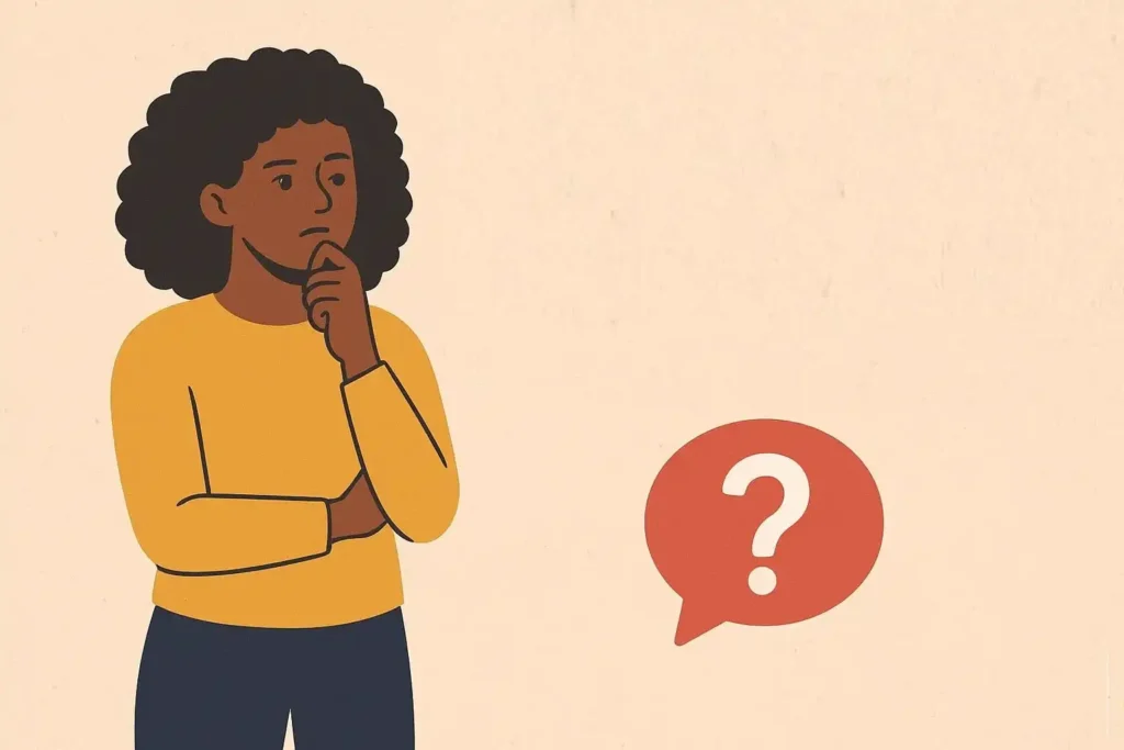 A thoughtful young woman standing beside a sign that asks “Is Black Friday another marketing trick?” representing awareness and smarter decision-making during Black Friday shopping.