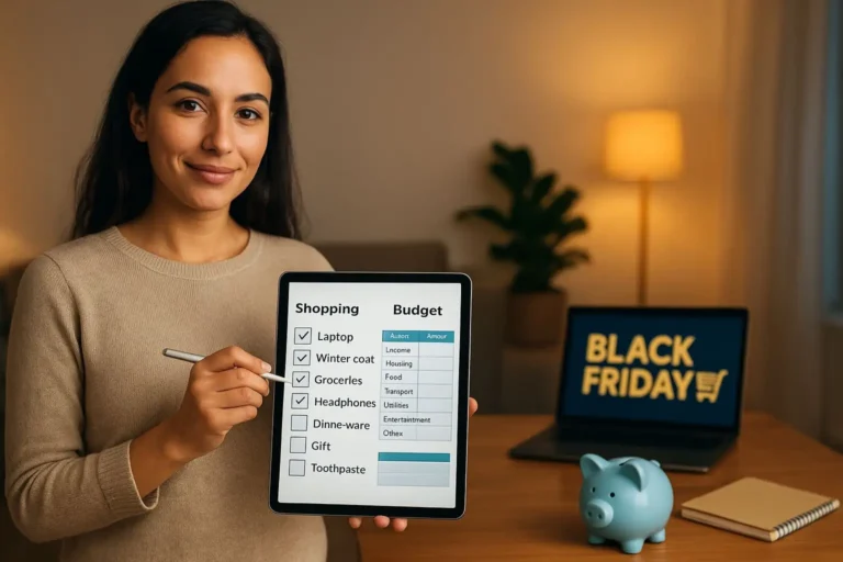 A young woman confidently managing her budget and shopping list on a tablet while preparing for Black Friday shopping, with a laptop displaying Black Friday deals in the background.