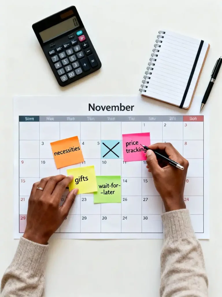 Hands organizing colorful sticky notes on November calendar for Black Friday shopping categories