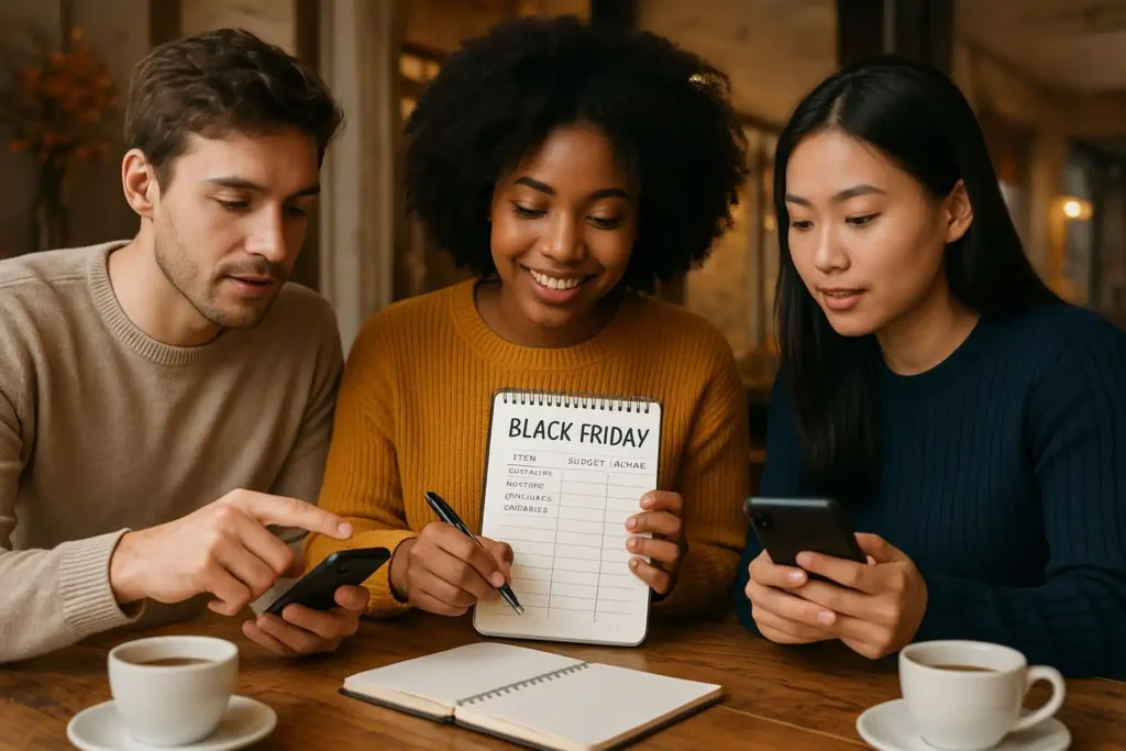 A diverse group of young adults planning their Black Friday shopping strategy together at a cozy coffee shop, reviewing budgets and comparing prices on their phones.