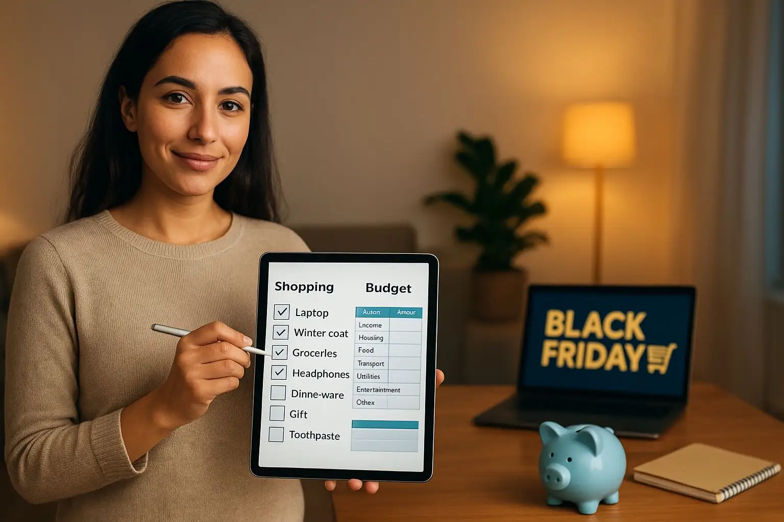 A young woman confidently managing her budget and shopping list on a tablet while preparing for Black Friday shopping, with a laptop displaying Black Friday deals in the background.