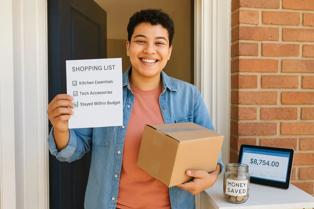 A happy young person standing at their front door holding a package and a completed shopping list that shows they stayed within budget after smart Black Friday shopping.