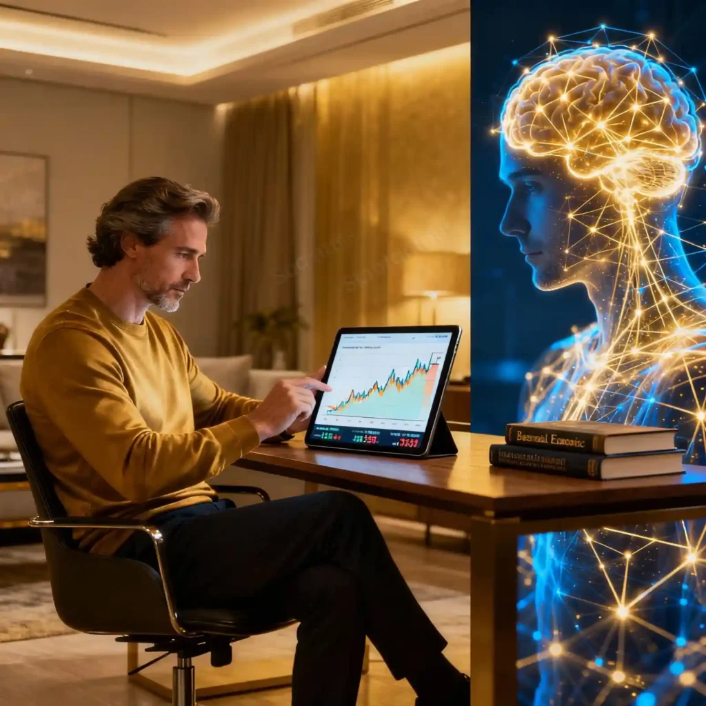 Photorealistic split-image showing the psychology of rich people, featuring a wealthy individual in a modern home office and a symbolic neural network overlay.