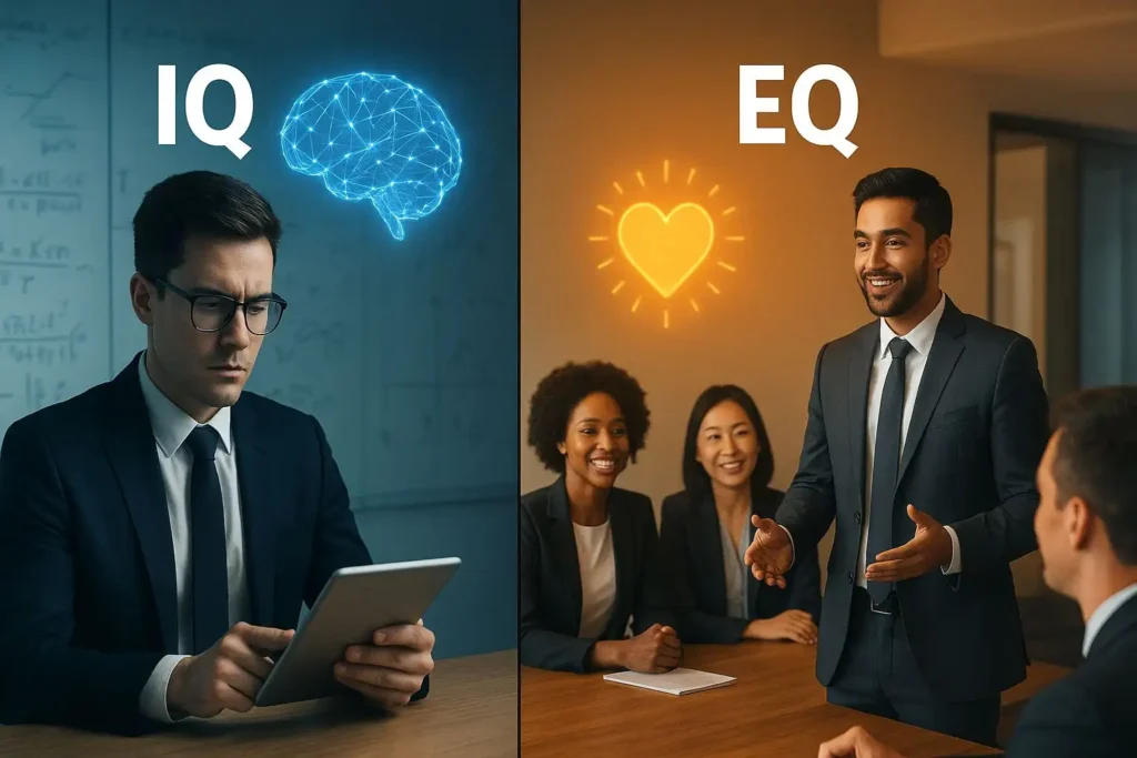 A professional comparison of IQ and EQ showing how emotional intelligence drives leadership success, revealing the psychology of rich people and their approach to wealth and relationships.