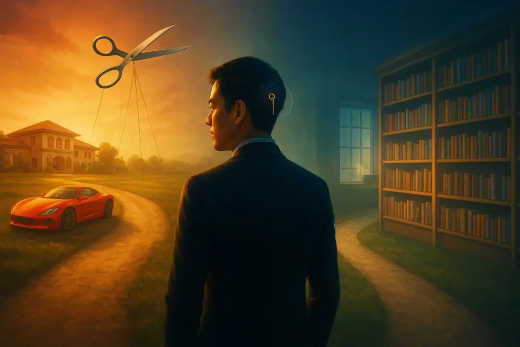 A business professional at a crossroads choosing knowledge over luxury, symbolizing the psychology of rich people and the inner journey from material wealth to mindset mastery.