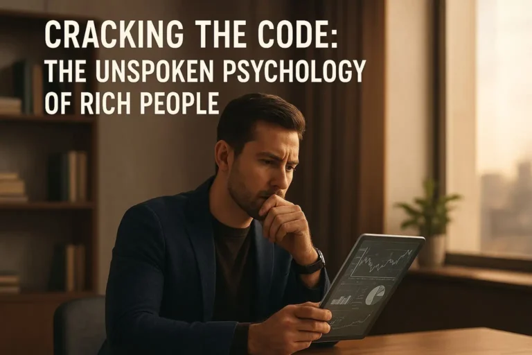 A successful entrepreneur reflecting in a modern minimalist home office, symbolizing the psychology of rich people and the mindset behind wealth creation.