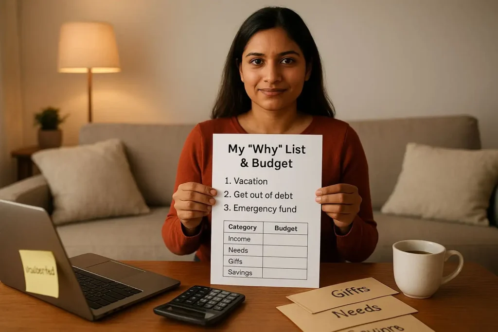 South Asian woman holding her ‘Why List and Budget’ in a cozy living room with cash envelopes and a laptop, symbolizing stopping impulse spending on Black Friday through planning.