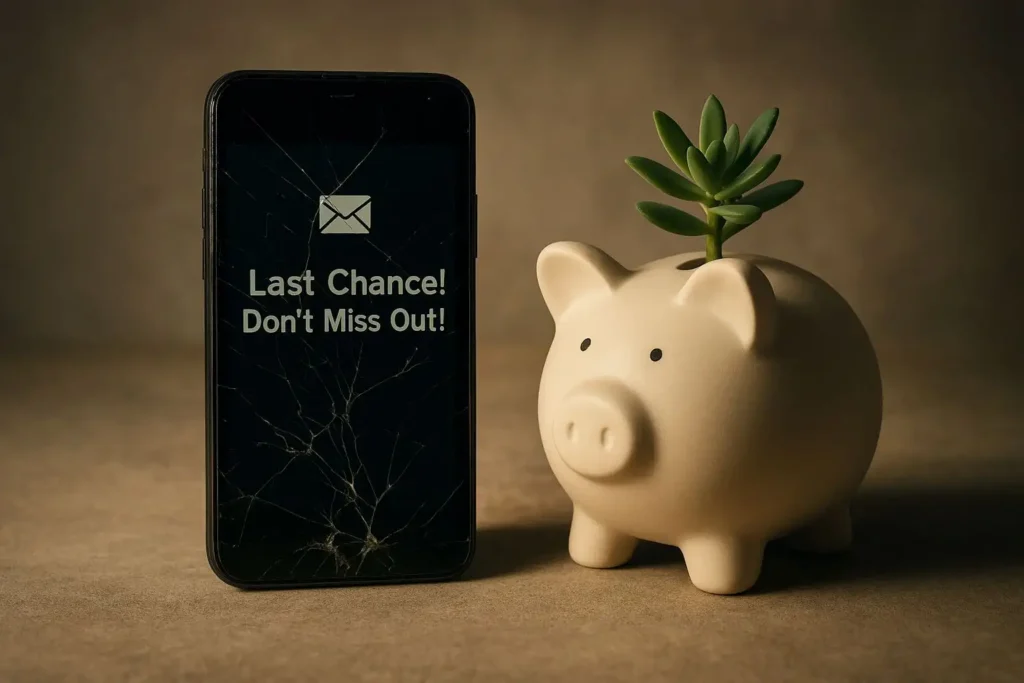 Still life of a cracked smartphone showing a Black Friday promo beside a peaceful piggy bank with a succulent, symbolizing stopping impulse spending on Black Friday.