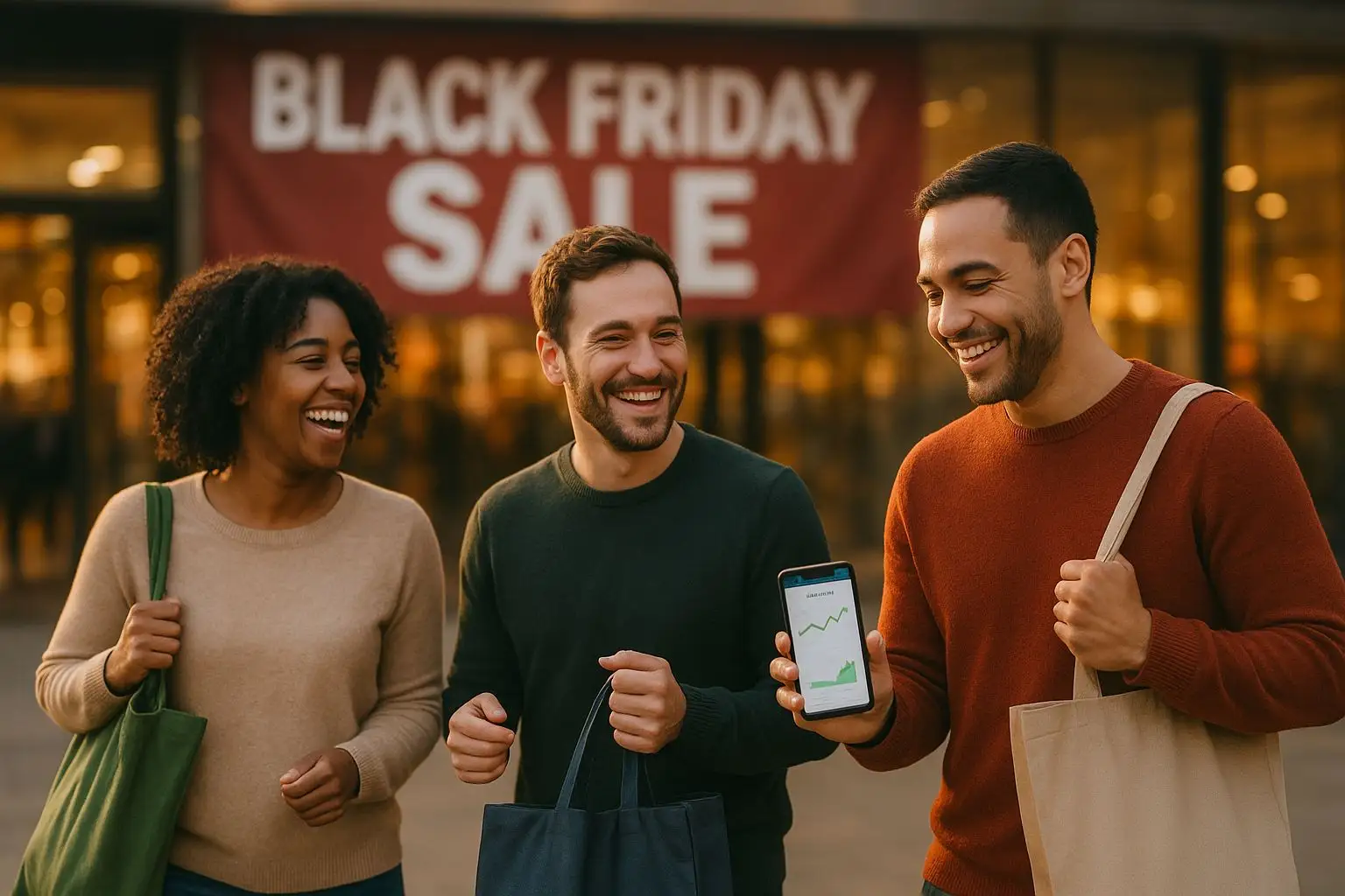 Three friends happily walking away from a chaotic store on Black Friday with empty bags, symbolizing success in stopping impulse spending on Black Friday, enjoying relief and financial control.