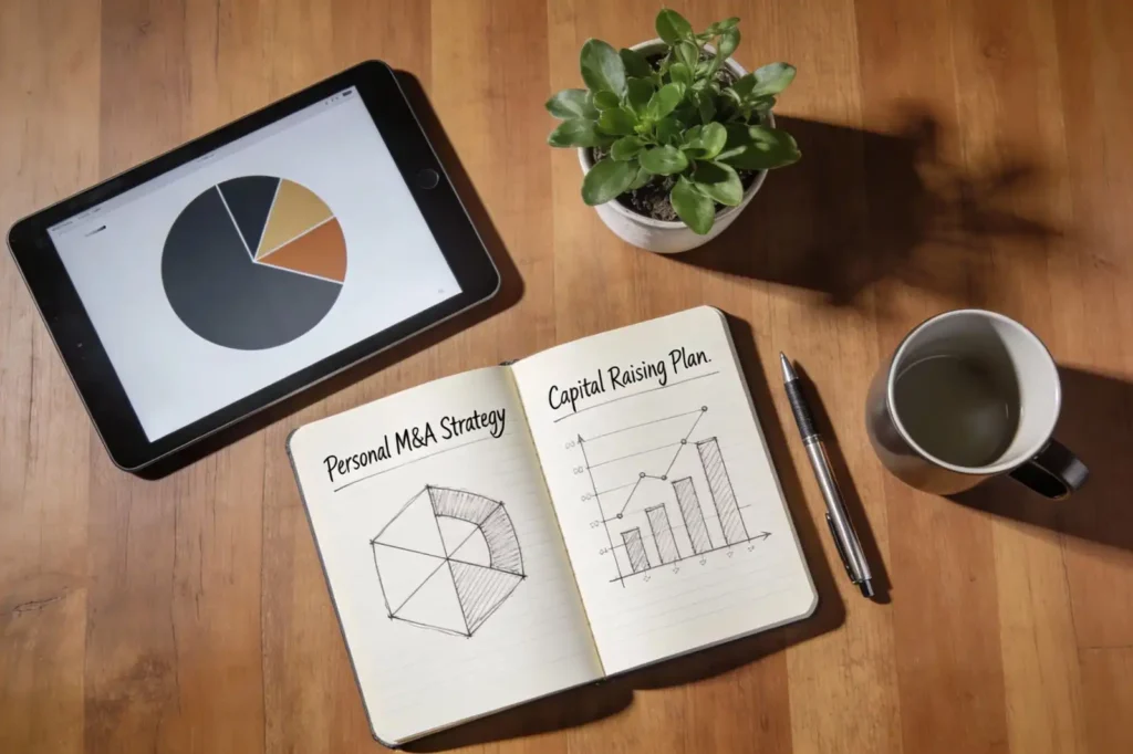 Overhead view of minimalist desk with notebook on personal M&A strategy, linking average IQ of investment banker tactics to everyday planning, tablet pie chart, pen, plant, and coffee cup.