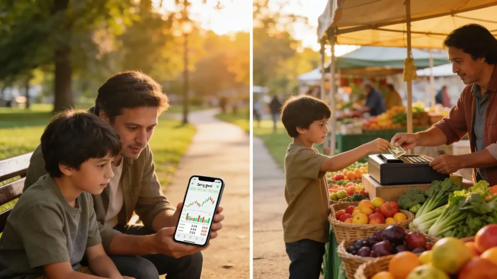 Pre-teen kids learning about money in a park, one using a finance app and another making change at a market stall, illustrating the average financial IQ of kids in real-life situations.