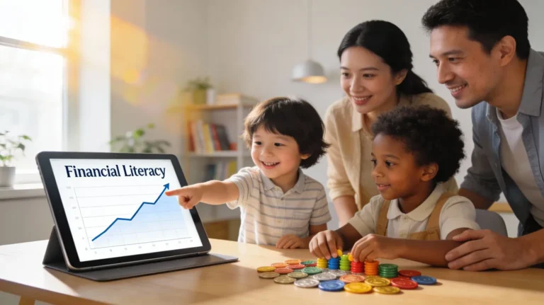 Diverse parents and children learning together in a bright home office, with a tablet showing an upward “Financial Literacy” graph, illustrating the importance of improving the average financial IQ of kids.